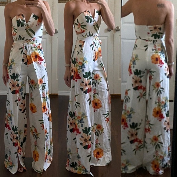 Fashion Nova Pants - Fashion Nova white multicolor floral strapless cut outs wide leg jumpsuit